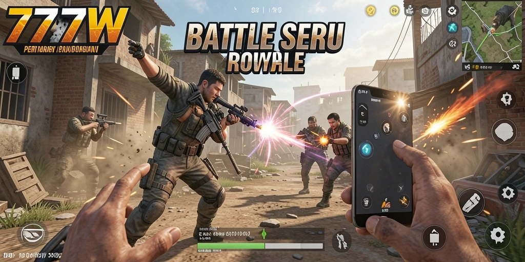 Screenshot utama 7777W menampilkan aksi intens dalam permainan Battle Royale.
